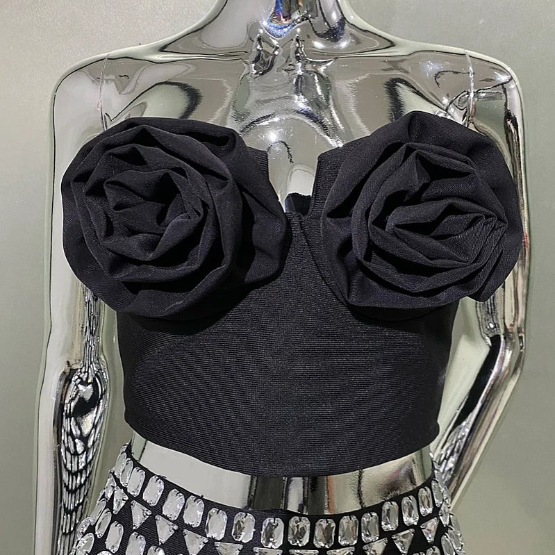 STOCK Stylish Sexy Woman Item Stereoscopic Flowers Strapless Top Summer Party Music Festival Vestido Holiday Vocation Outfit