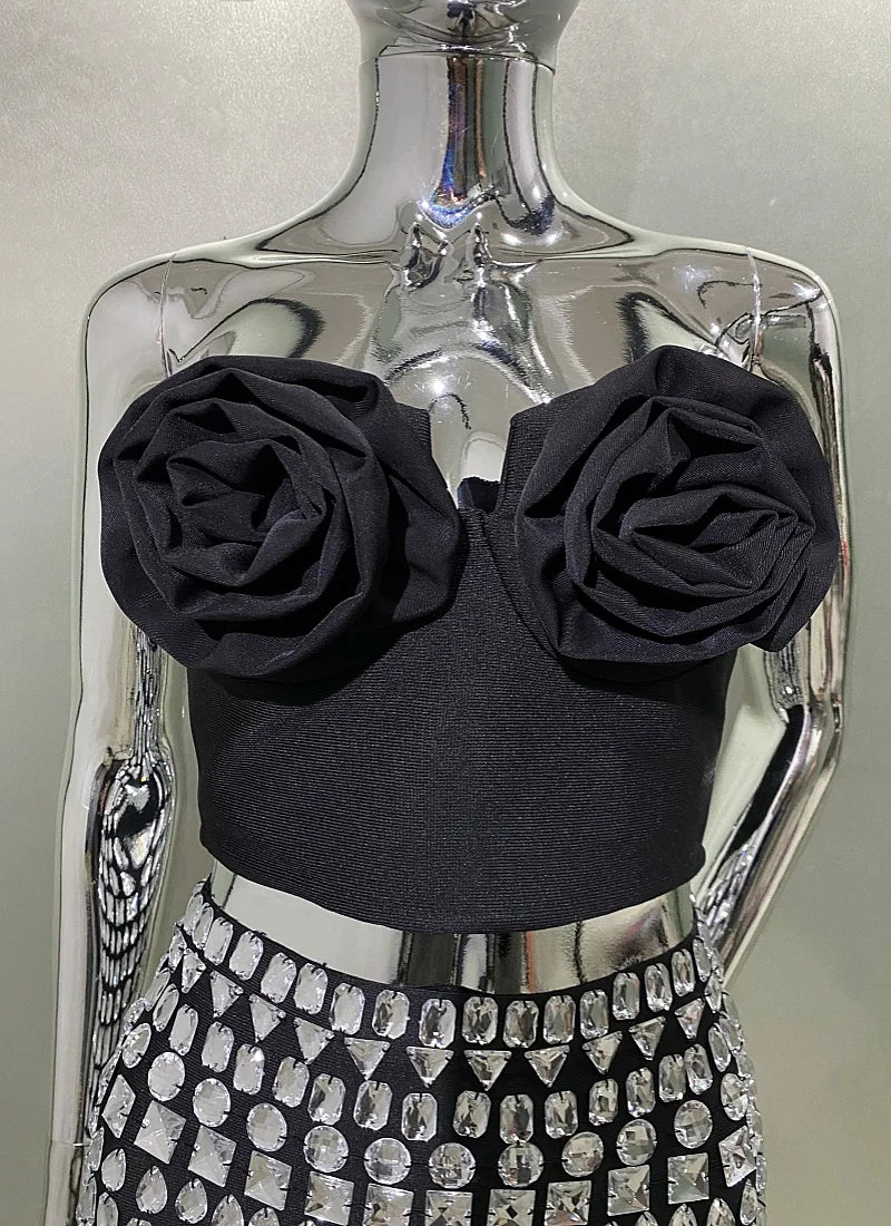 STOCK Stylish Sexy Woman Item Stereoscopic Flowers Strapless Top Summer Party Music Festival Vestido Holiday Vocation Outfit