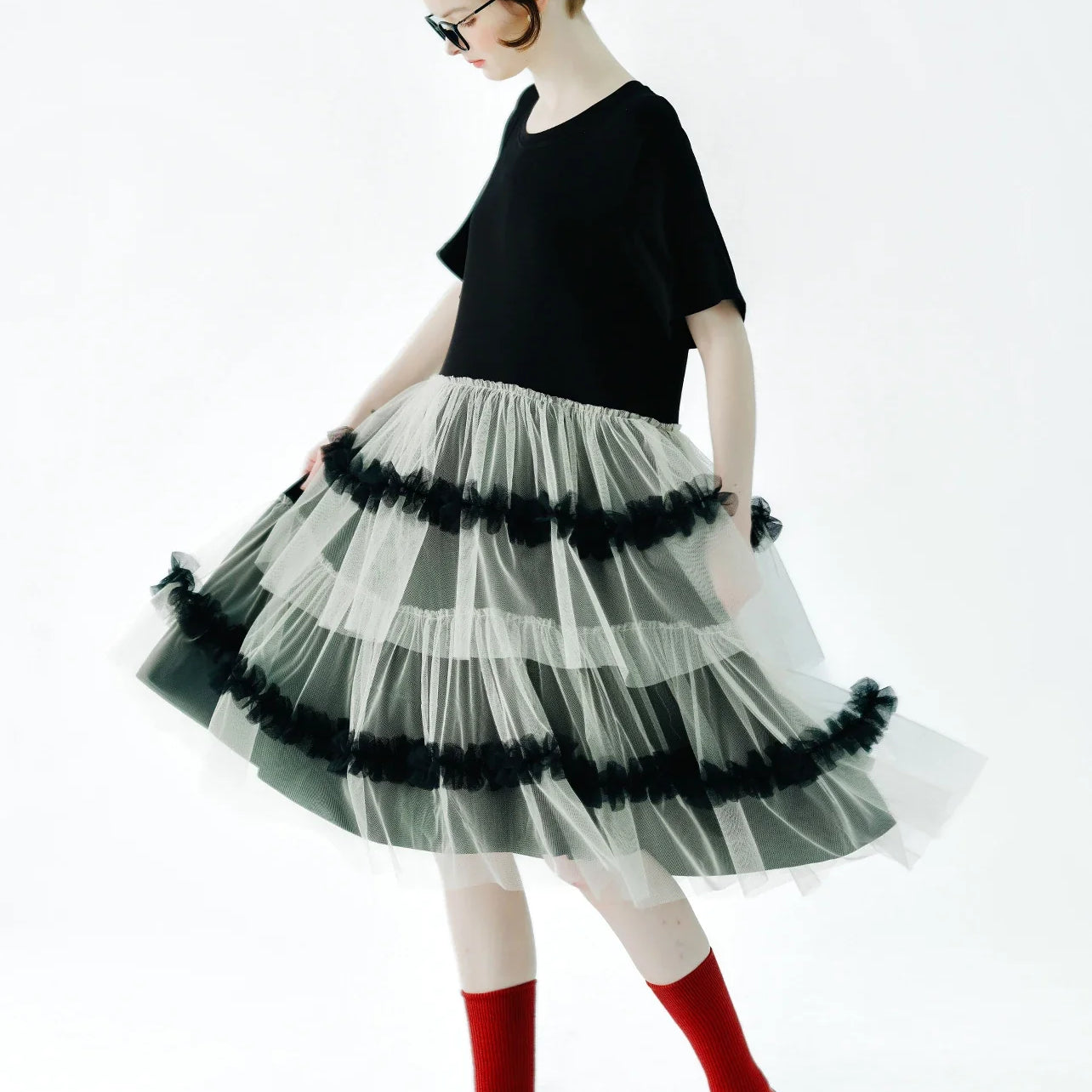 IMAKOKONI Original Design Black Short Sleeve Dress Mesh Splice Casual Loose Fit Dress 234147