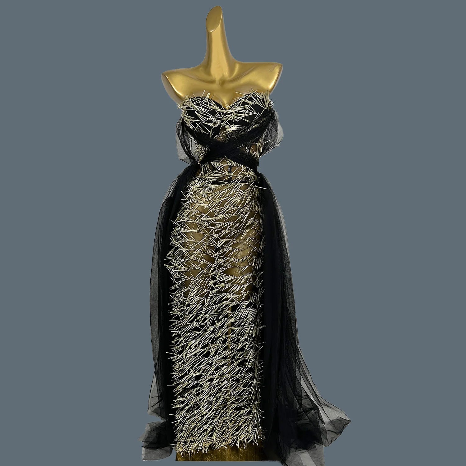 Sexy High-end See Through Mesh Evening Dress Suit Gold Sequins Black Dress Chiffon Long Dress Bar Special Design Outfit Ciwei