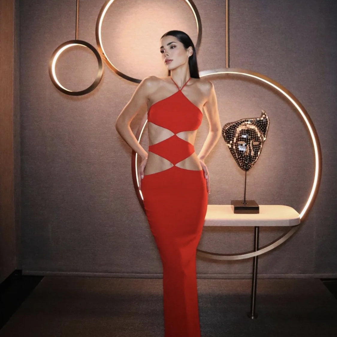 Sexy Hollow Out Sleeveless Halter Bodycon Red Long Bandage Dress Fashion's Sexy Woman Vocation Dress Summer Beach Party Vestido