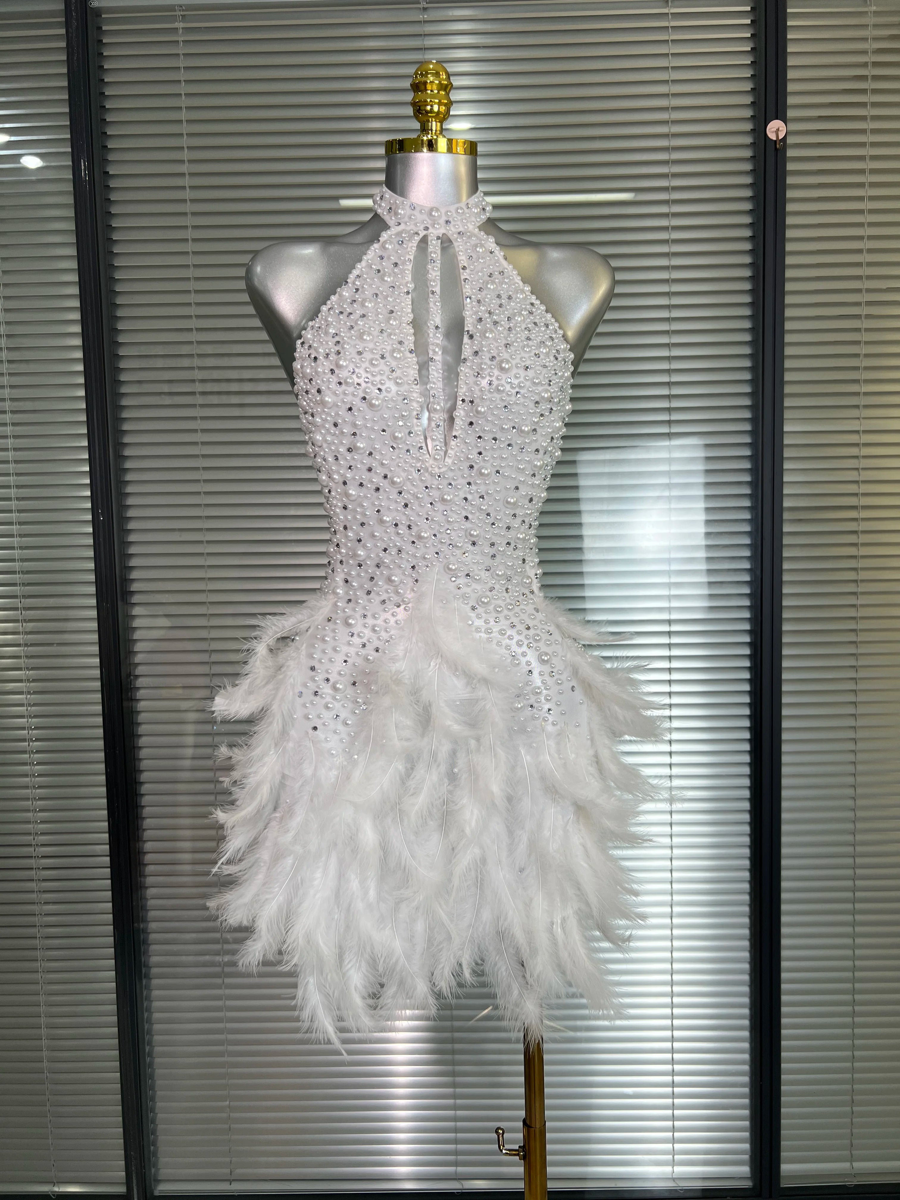 Women Sexy Backless Mesh Crystal Diamonds Feathers Performance Costume Stage Dancer Mini Stretchy Night Club Party Dress