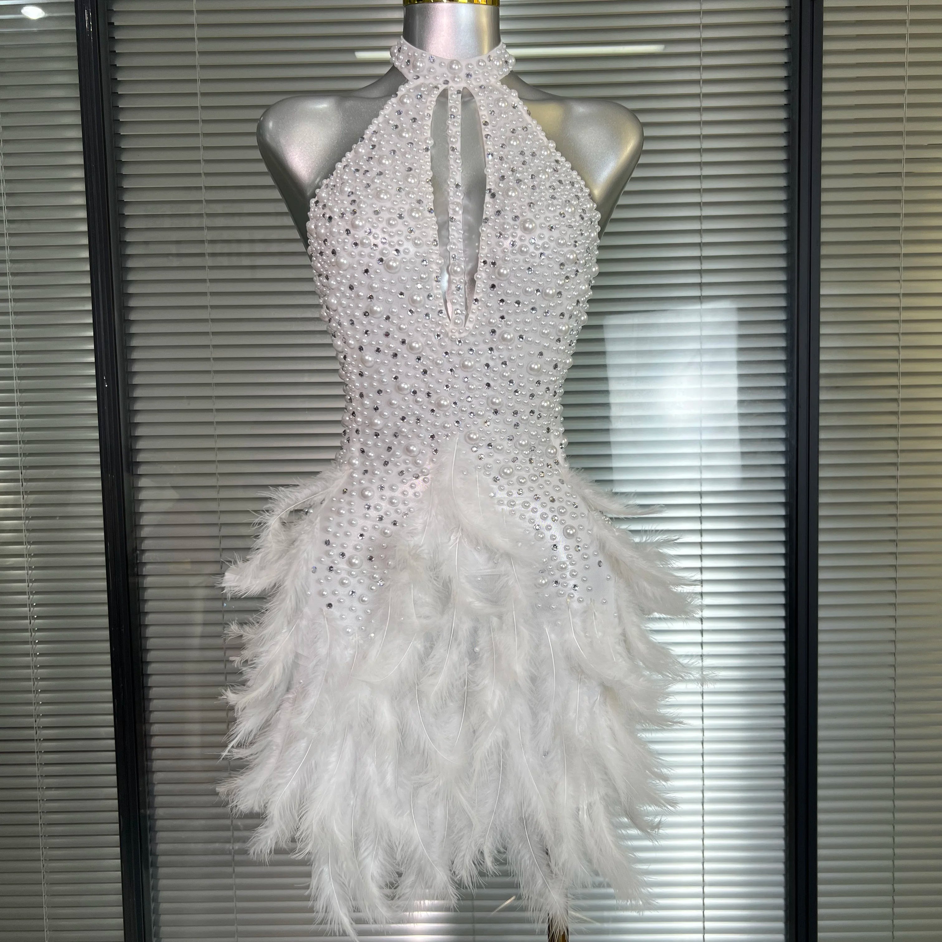 Women Sexy White Backless Mesh Crystal Diamonds Feathers Performance Costume Stage Dancer Mini Stretchy Night Club Party Dress