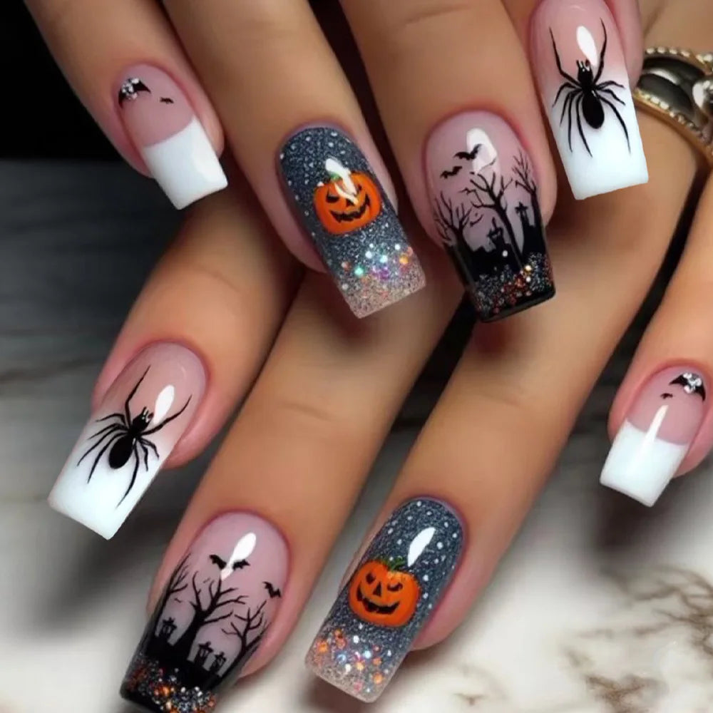 24Pcs Mid-length Square Nails Set Press on Pumpkin Bat Design False Nails Halloween Spider Web Wearable Full Cover Fake Nail Tip