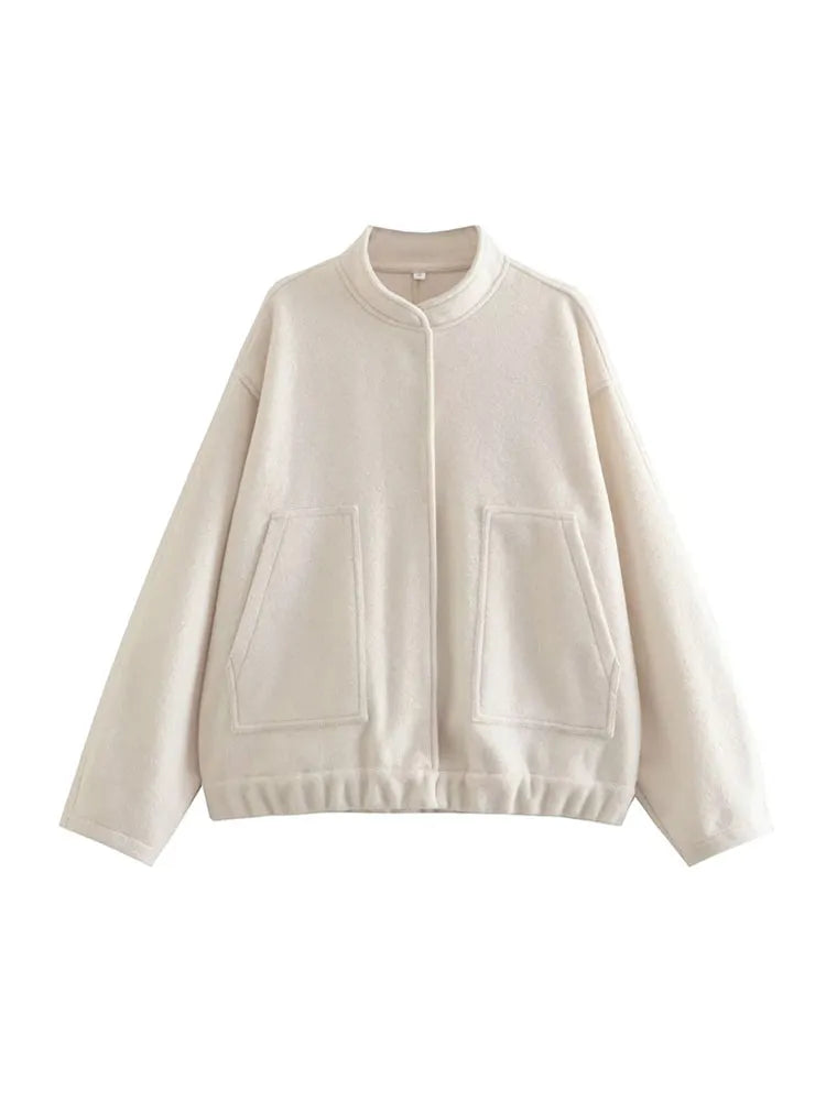 Women Fashion With Pockets Oversized Bomber Jacket Coat Vintage Long Sleeve Snap Button Female Outerwear Chic Tops as picture