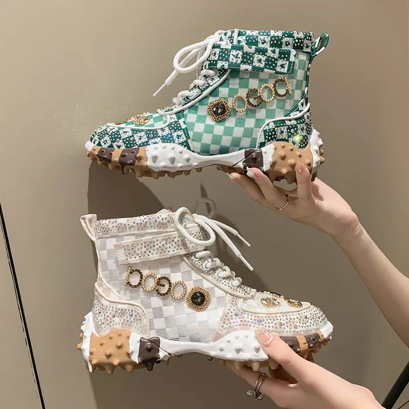 Kvinnor Casual Sneakers Luxury Designer Boots Rhinestone Diamond High-Top Thick Bottom Shoes Female Tennis Trainers Walking Shoes