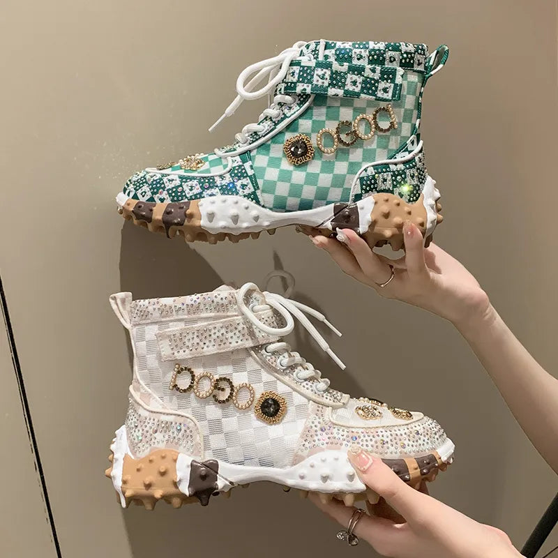 Donne Sneakers casual stivali di design di lusso rhinestone diamanti scarpe da fondo ad alto top con scarpe da tennis femminile