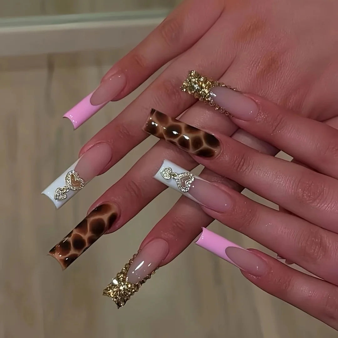 24Pcs Long Square Head French False Nails Press on Leopard Print Fake Nails Love Heart Rhinestone Reusable Full Cover Nails Tips