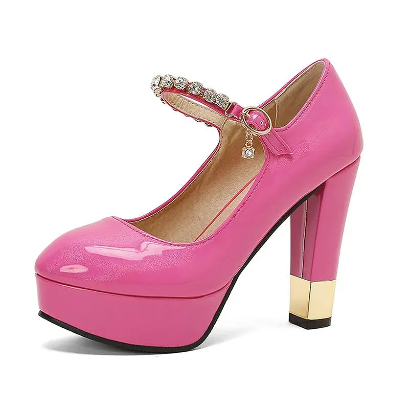 SIMLOVEYO Patent Leather Women Pumps Round Toe High Heels 11.5cm Platform Buckle Strap Size 49 50 Sexy Party Shoes