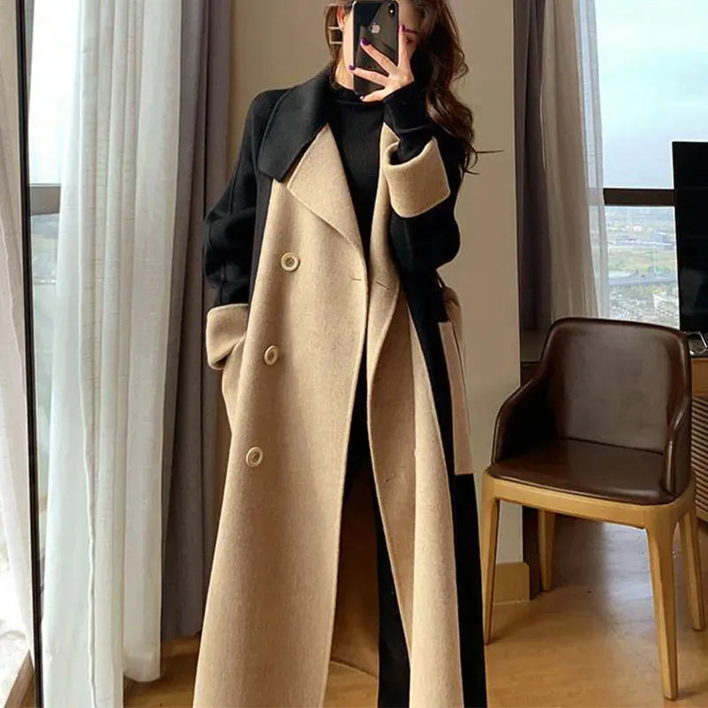 Vintage Woolen Patchwork Trench Coat Women Elegant Korean Oversize Long Jacket Autumn Winter Double Breasted Office Lady Outwear Beige