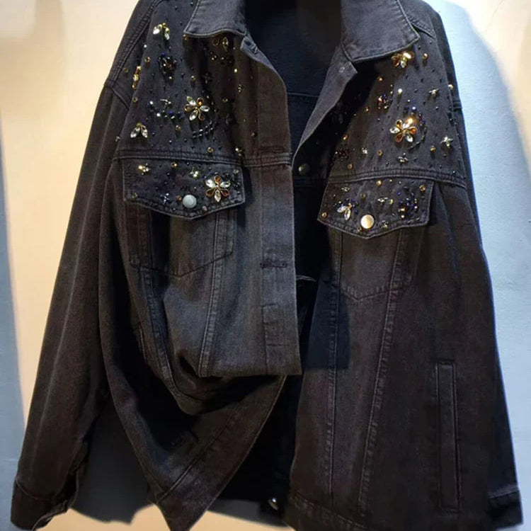 DEAT Women's Denim Coat Wash Black Beading Flowers Diamonds Patchwork Loose Long Sleeve Jackets Summer New Fashion 29L3587