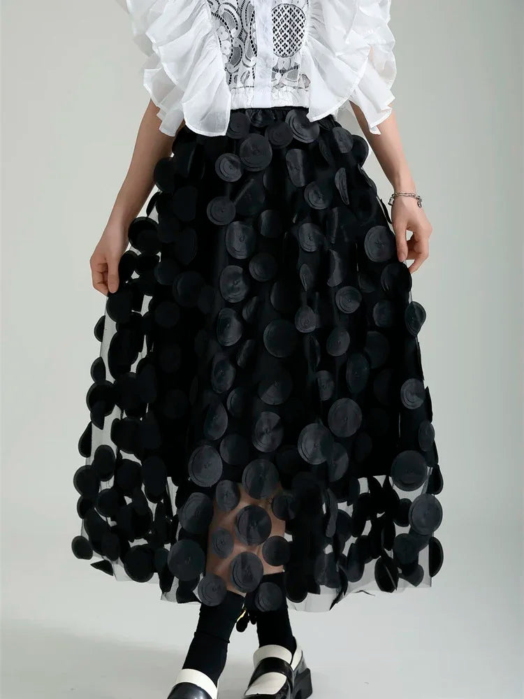 S-3XL Retro Goth 3D Design Polka Dot Tulle Mesh Skirts Womens Spring Summer High Waist Elastic Midi Long Tutu Skirts Female