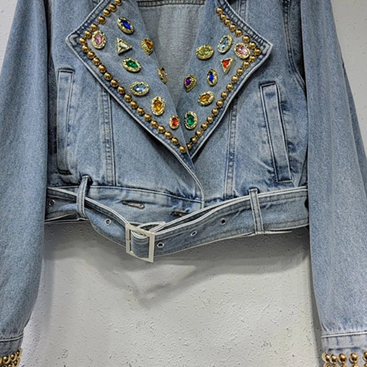 Women's Denim Coat Colored Embroidered Flares Rivet Long Sleeve Belt Waist Short Jackets Autumn New Fashion
