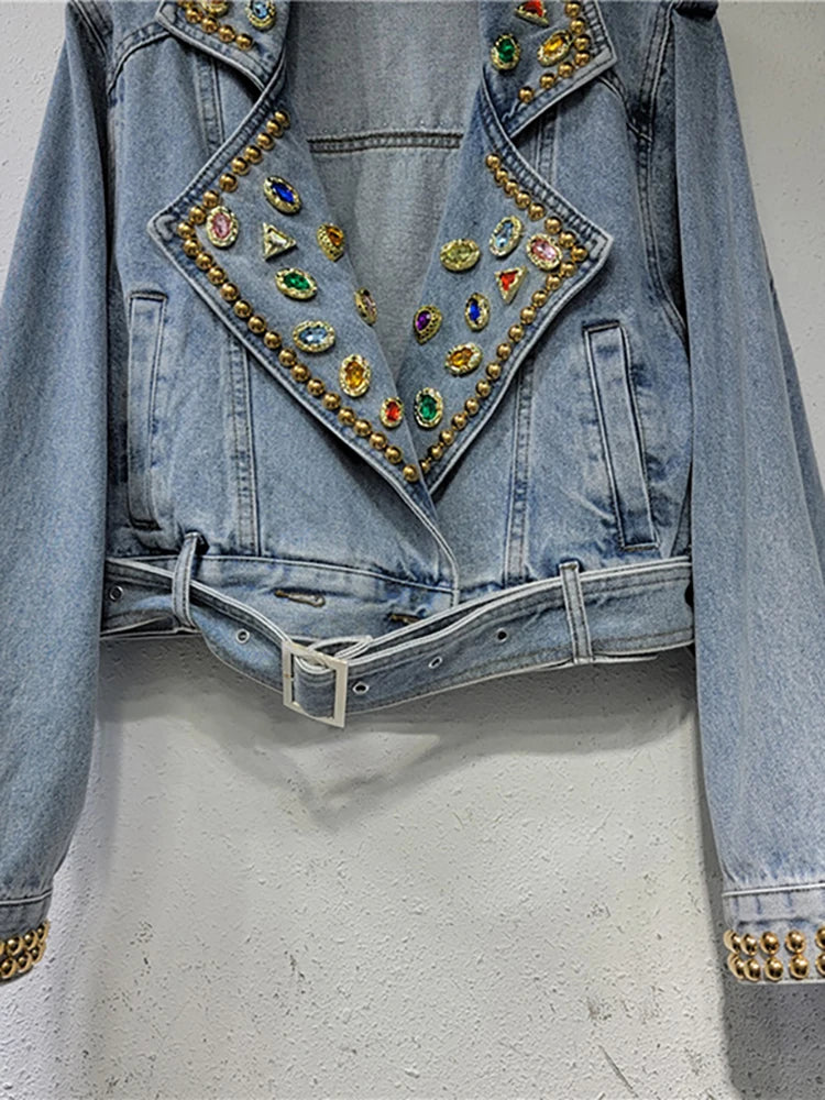 Women's Denim Coat Colored Embroidered Flares Rivet Long Sleeve Belt Waist Short Jackets Autumn New Fashion