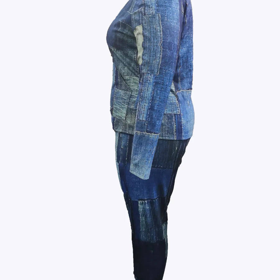 LW Plus Size Imitaton Denim Pocket Design Regular Fit Pants Set 2023 Women Autumn Winter Gradient Print Two Pieces Matching Sets