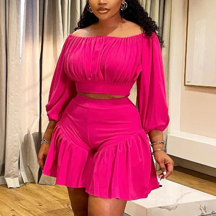 CM.YAYA Plus Size Women's Set Long Sleeve Slash Neck T-Shirt and Shorts 2025 Summer Ruched Two 2 Piece Set Outfits Tracksuit