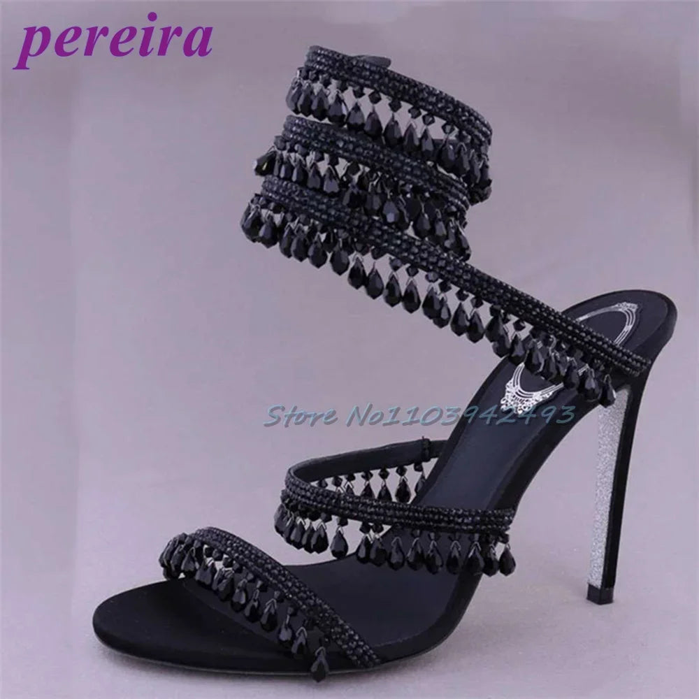 Snake-Shaped Heeled Sandals Open Toe Rhinestones Tassel High Heels Winding Pendant Designer Shoes Women Luxury Summer Dress 2025