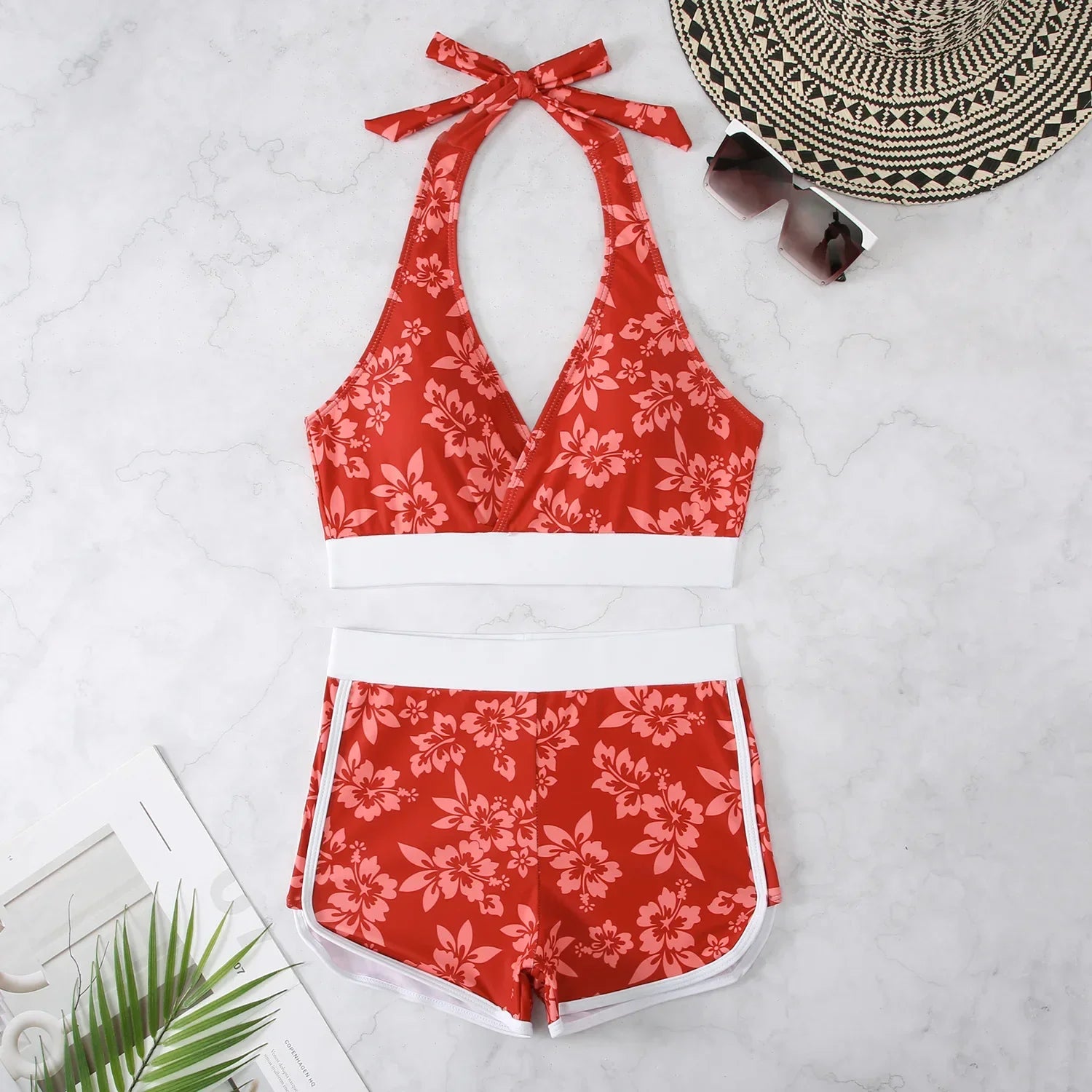 Flower Print 2 Piece Swimsuit Women,sexy High Waist V-neck Tankini Bikini, Suspender Halter Swimwear,summer Beach Vacation Red