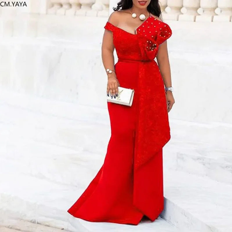2021 Winter Women Slash Neck Short Sleeve Pearl Dress Sexy Office Lady Africa Evening Night Club Party Long Maxi Dresses GL05143 Red