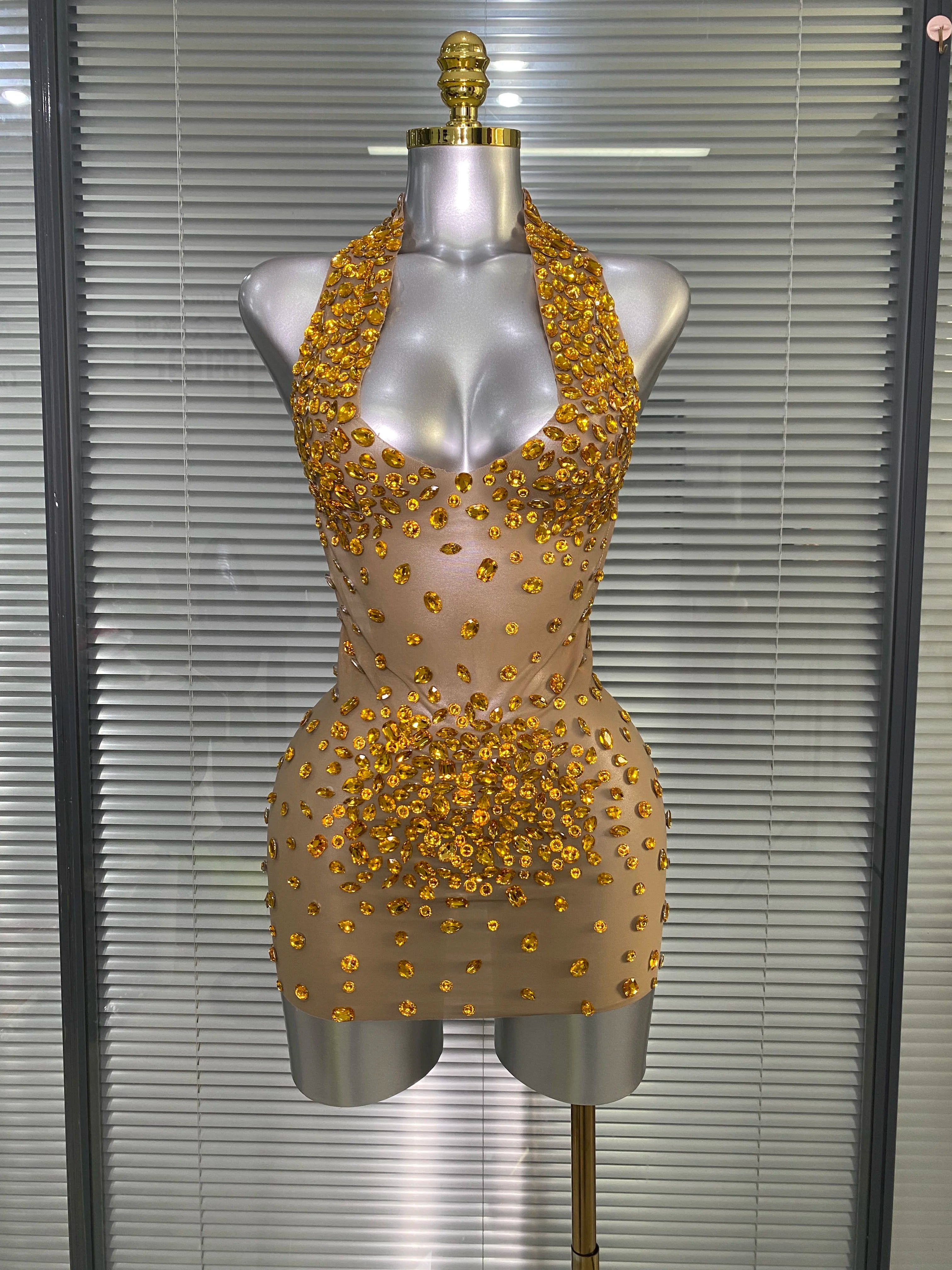 Celebrity New Women Sexy Transparent Mesh Backless Gold Black Costume Stage Dancer Singer Night Club Mini Party Dress