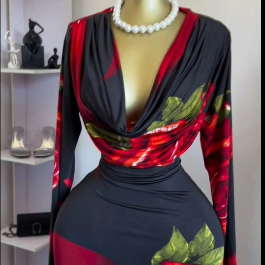 CM.YAYA Women Rose Printed Long Sleeve Pile Neck Bodycon Midi Maxi Long Dress 2025 Summer Birthday Vacation Sexy Party Dresses