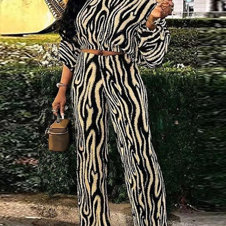 Plus Size VONDA Women Pant Sets Zebra-stripe Bohemian Printed 2PCS Long Sleeve Skew Collar Top and High Waist Pants Casual Sets