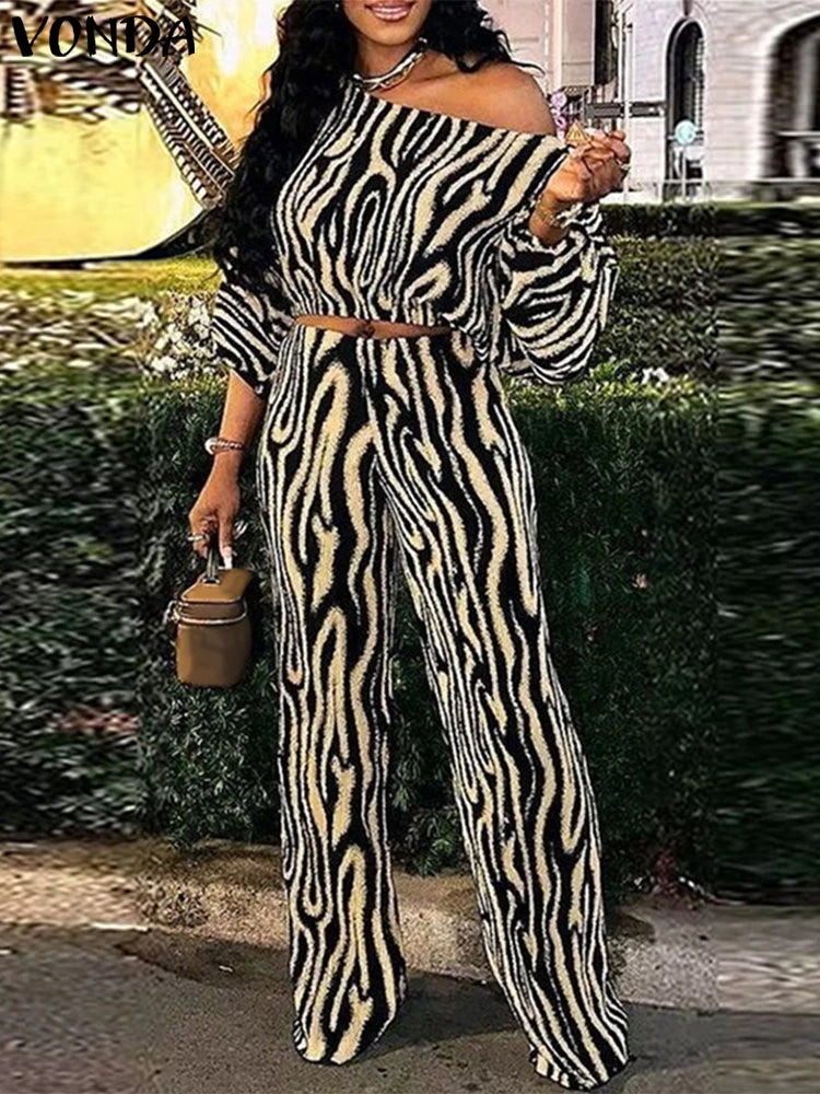Plus Size VONDA Women Pant Sets Zebra-stripe Bohemian Printed 2PCS Long Sleeve Skew Collar Top and High Waist Pants Casual Sets
