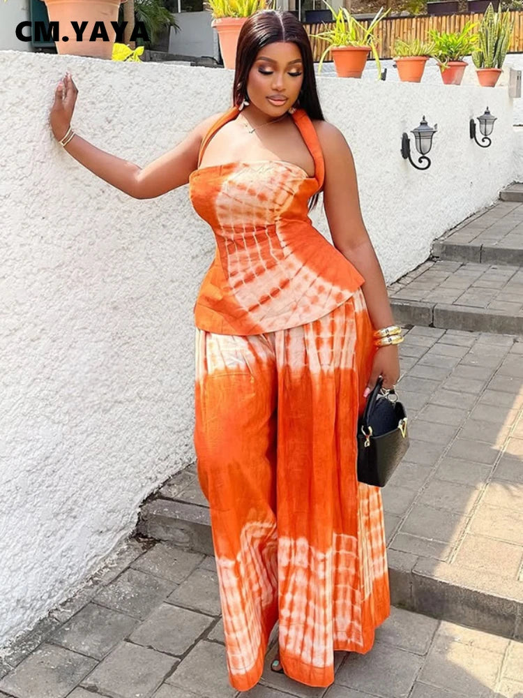 CM.YAYA Fashion Tie Dye Printed Women's Set Halter Neck Crop Top and Loose Wide Leg Pants 2025 Two 2 Piece Sets Outfit Tracksuit