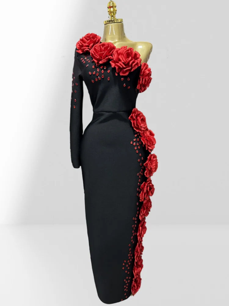 2025 New Red Flowers Shining Diamonds Sexy Oblique Shoulder Black Bandage Dress Woman Birthday Party Dress Wedding Party Outfit