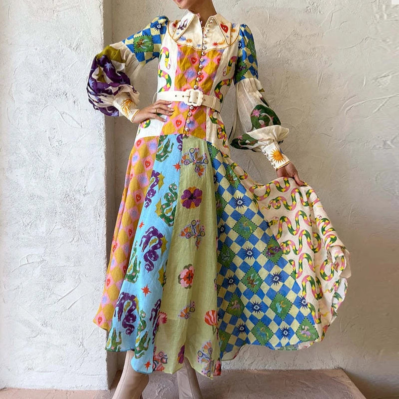 Elegant Loose Tie-Up Stand Collar Shirt Dress Women Fall Boho Print Pink Maxi Dress Fashion Geometric Cartoon Pattern Long Dress