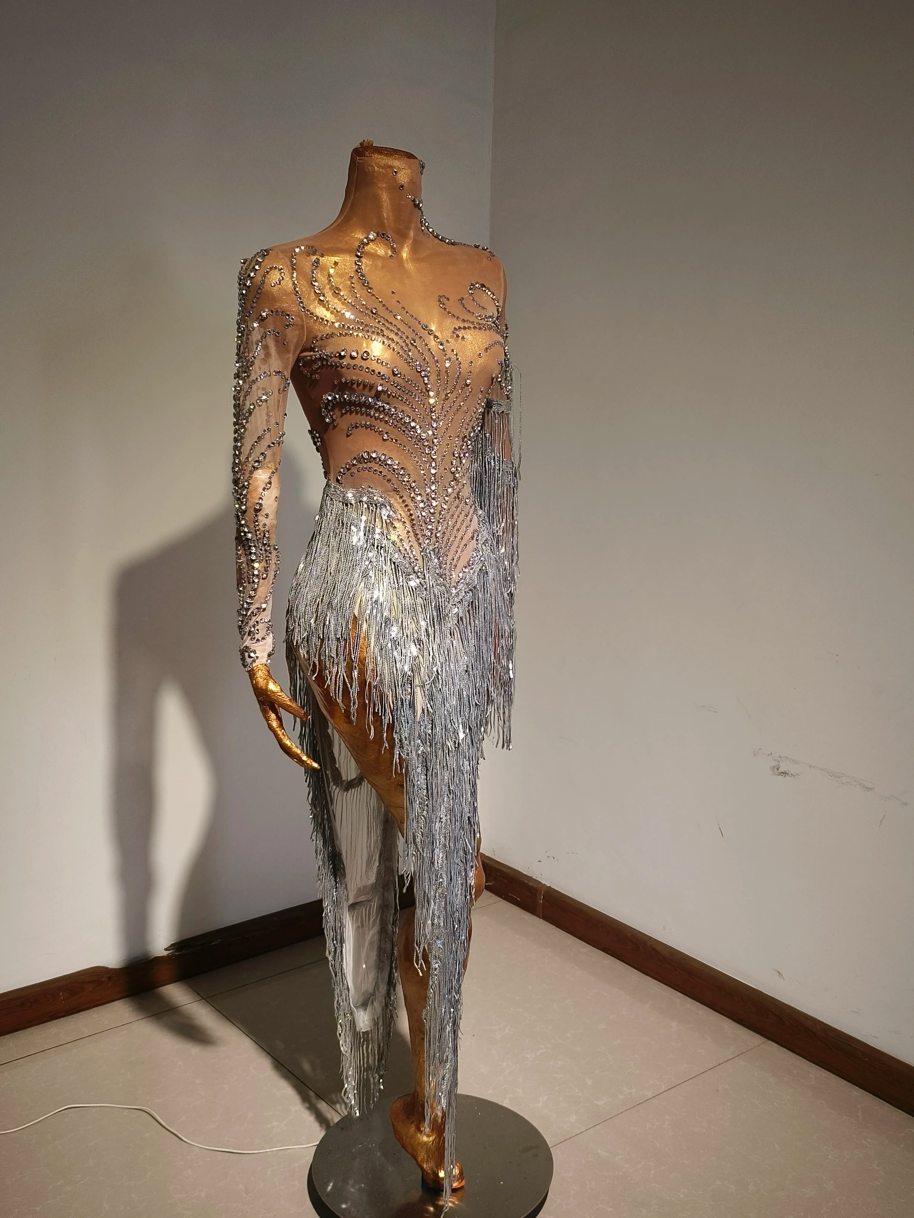 Sparkly Rhinestone Sequins Tassel Sexy Mesh See Through Dress Women Evening Birthday Party Nightclub Dance Singer Stage Outfit