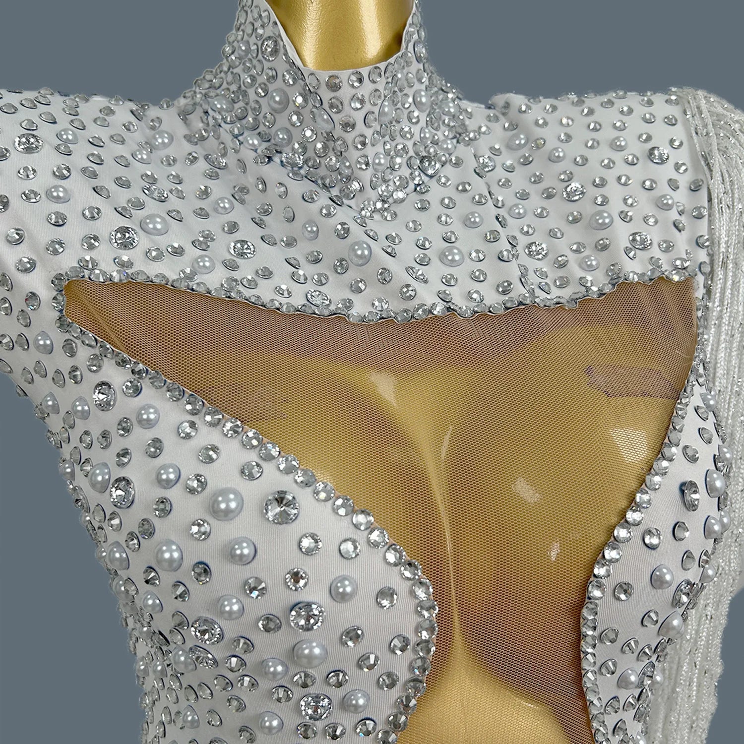 Stunning White Pearls Sequins Tassels Bodysuit Women Sexy Latin Dance Performance Costume Event Show Stage Club Outfit Baiyun