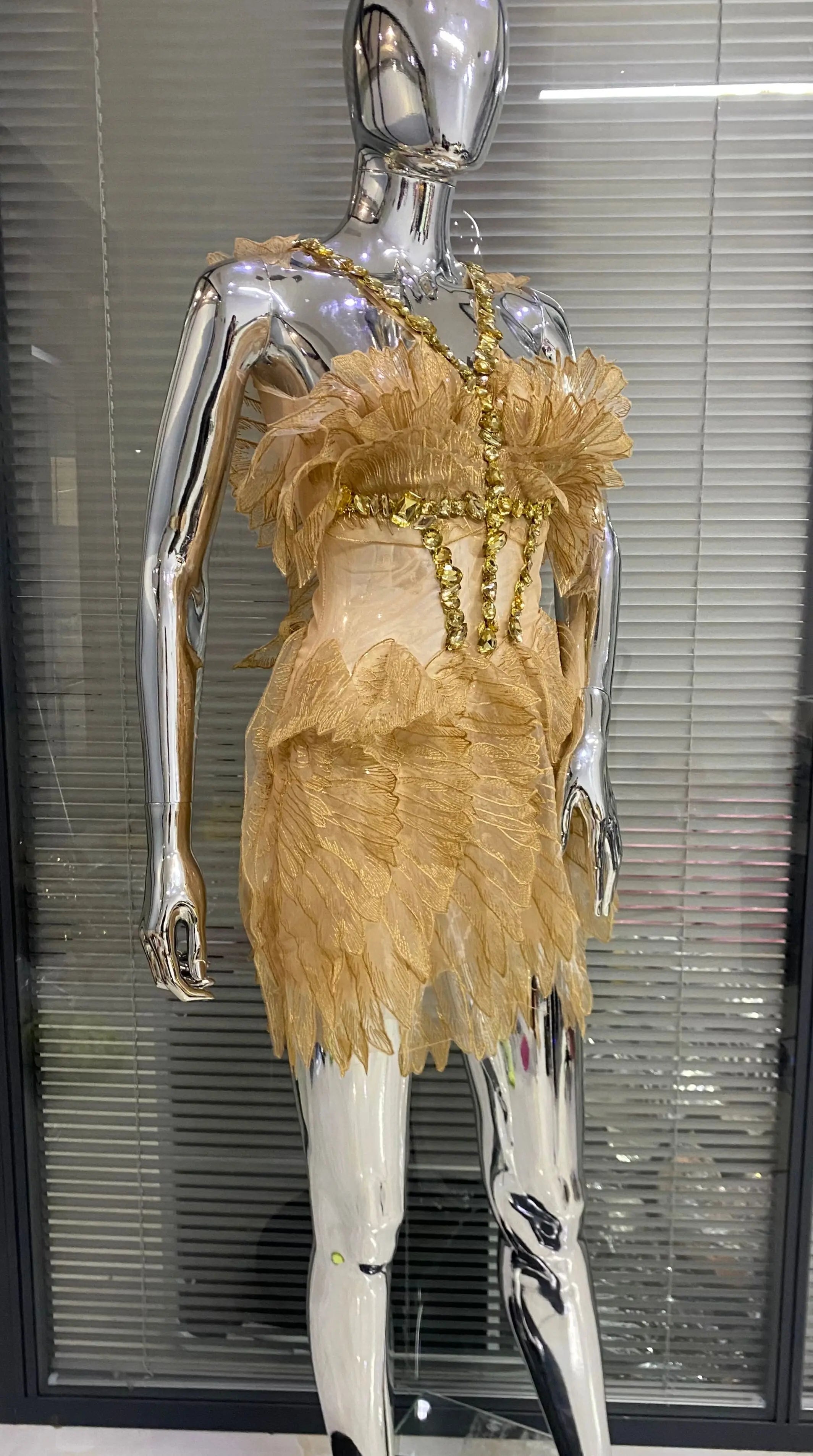 Gold Color Women Sexy Halter Crystal  Bodycon Mini Dress Celebrate Birthday Party Girls' Nightclub Bar SInger Dress