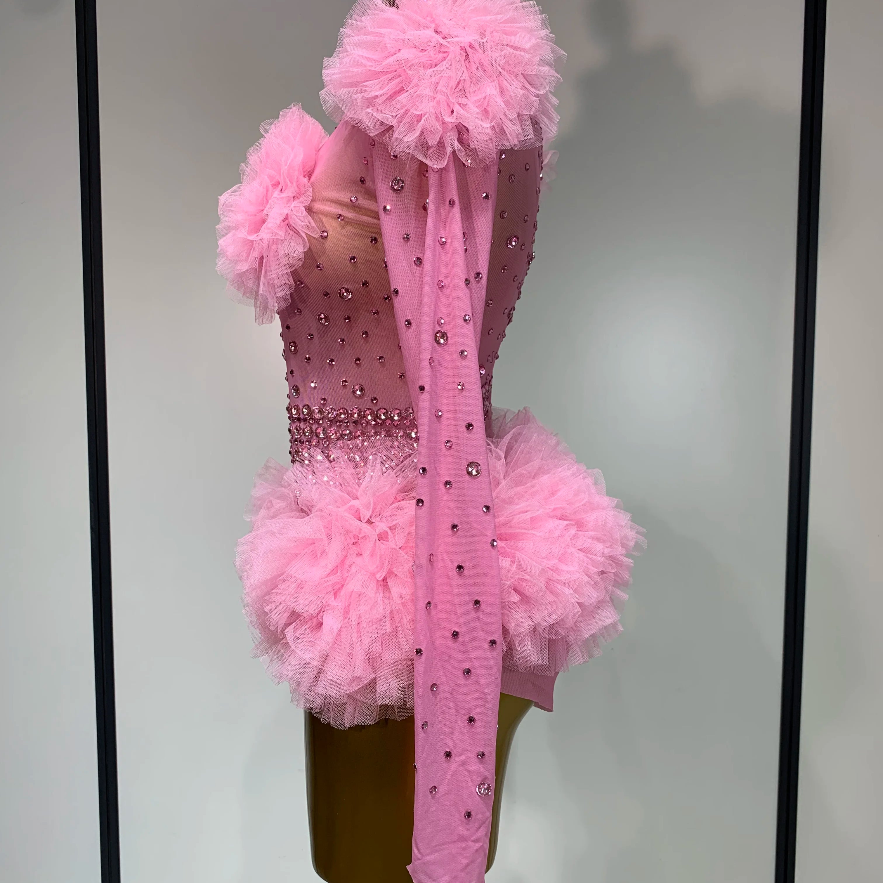 Sexy See Through Rhinestone Bodysuit 2025 Women Sexy Tight Mesh Ruffles Performance Dancer Singer Costume Nightclub Stage Outfit