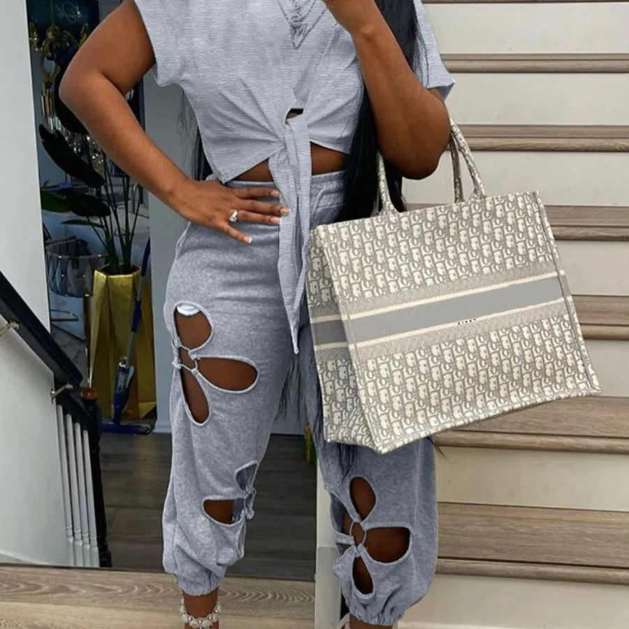 LW Plus Size Cut Out Bandage Design Pants Set Elegant Suit 2 Piece Set Women Sexy short Sleeve Top Hollow Out Pants Ladies Sets