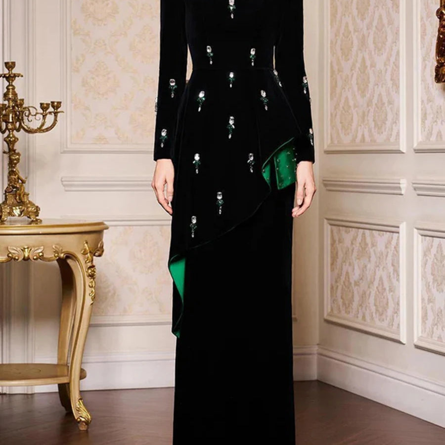 TWOTWINSTYLE Colorblock Spliced Bead Luxurious Two Piece Sets for Women Square Neck Long Sleeves Top High Waist Skirt Set Female