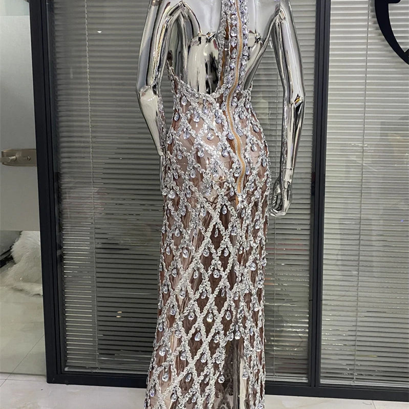 Shinning Big Crystal Women Sleeveless Sexy Halter Bodycon Long Dress Celebrate Birthday Party Nightclub Outfit Vestido