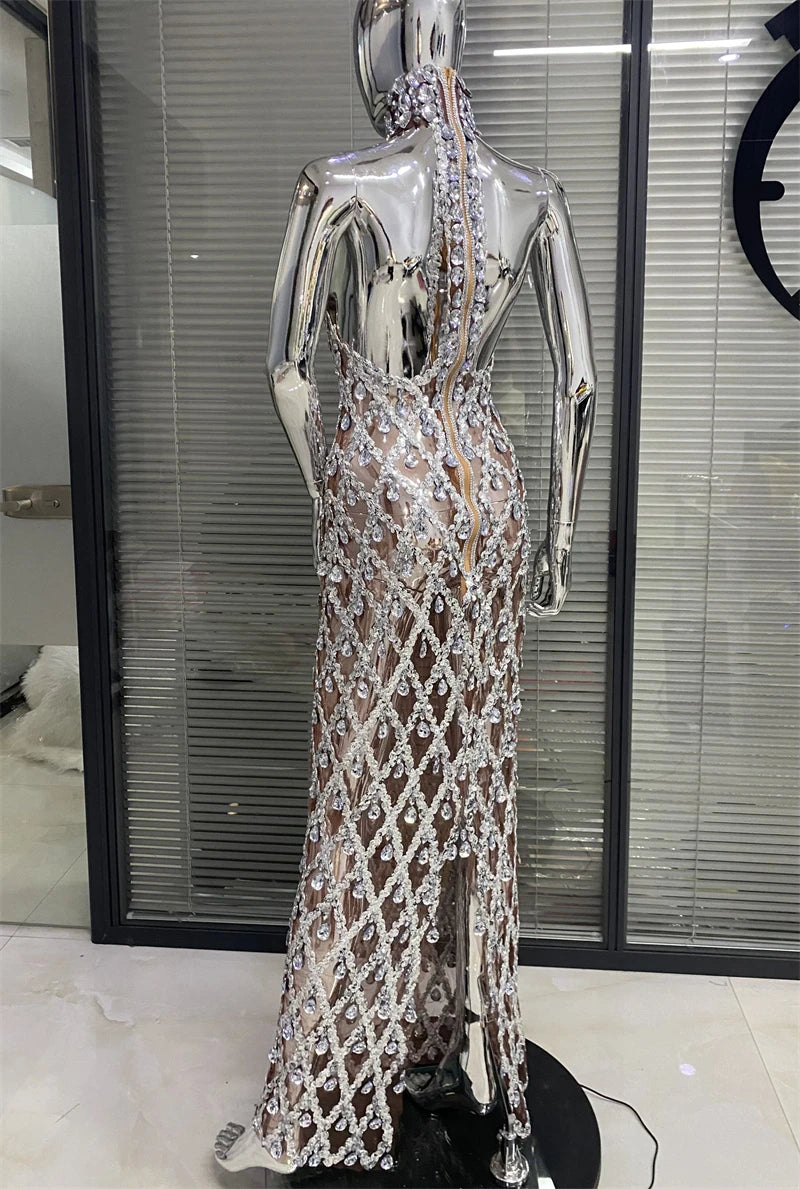 Shinning Big Crystal Women Sleeveless Sexy Halter Bodycon Long Dress Celebrate Birthday Party Nightclub Outfit Vestido