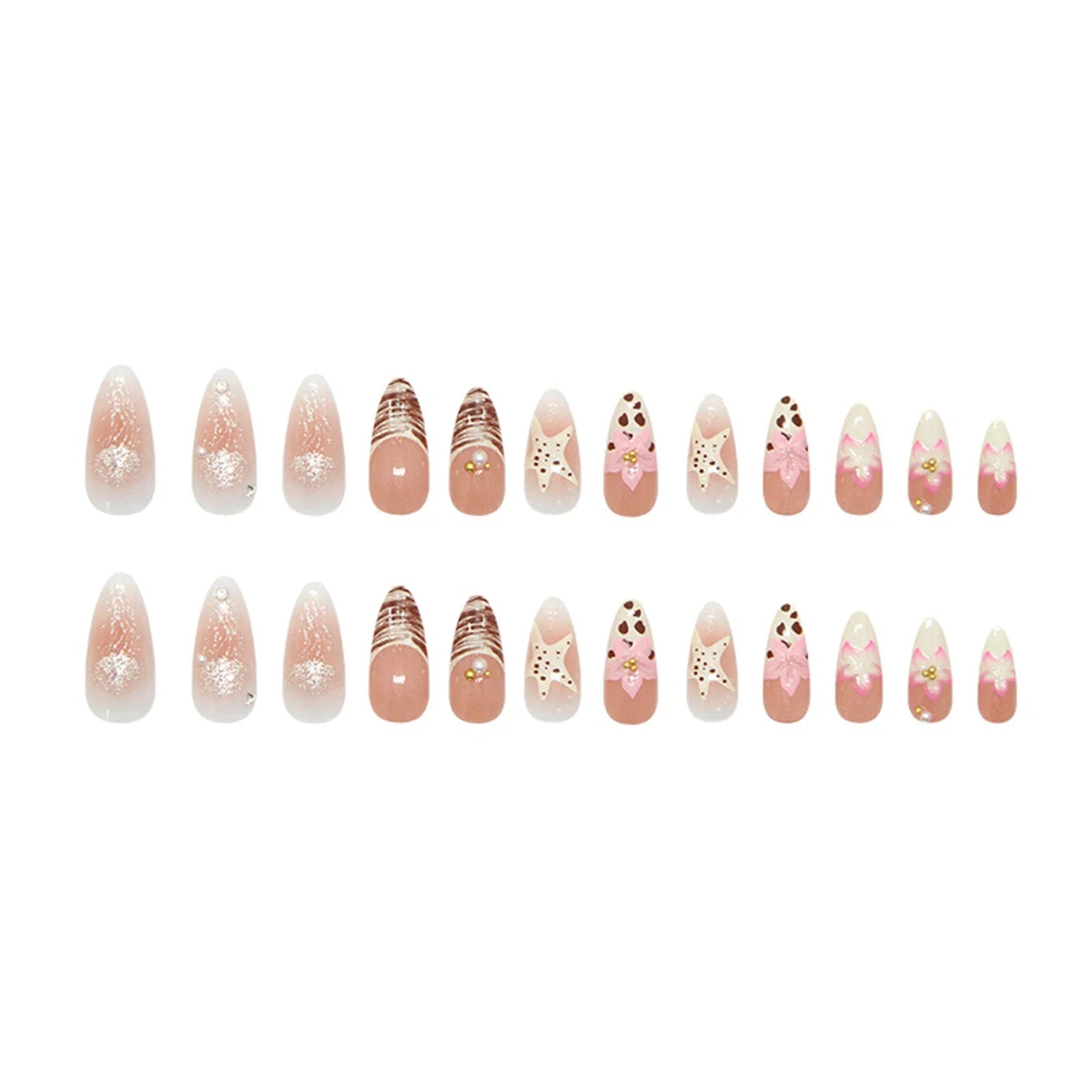 Blush Pink Almond Fake Nails 24Pcs Y2K Girls French Press On Nails Flower/Starfish Printed Full Cover Acrylic False Nails