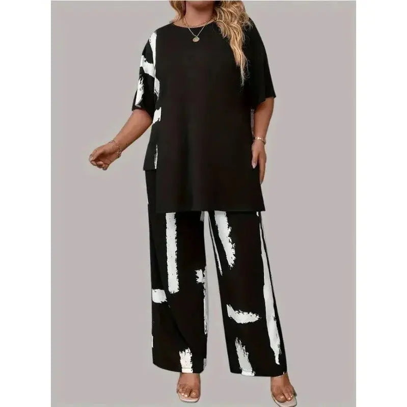 Plus Size Womens Brush Print Elegance  Short Sleeve Round Neck Split Top & Matching Pants 2 Piece Outfit Set