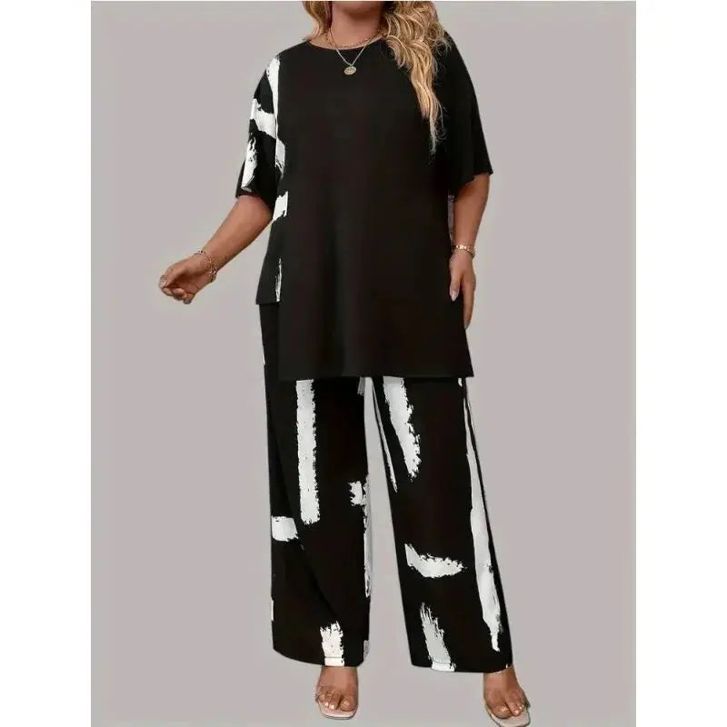 Plus Size Womens Brush Print Elegance  Short Sleeve Round Neck Split Top & Matching Pants 2 Piece Outfit Set