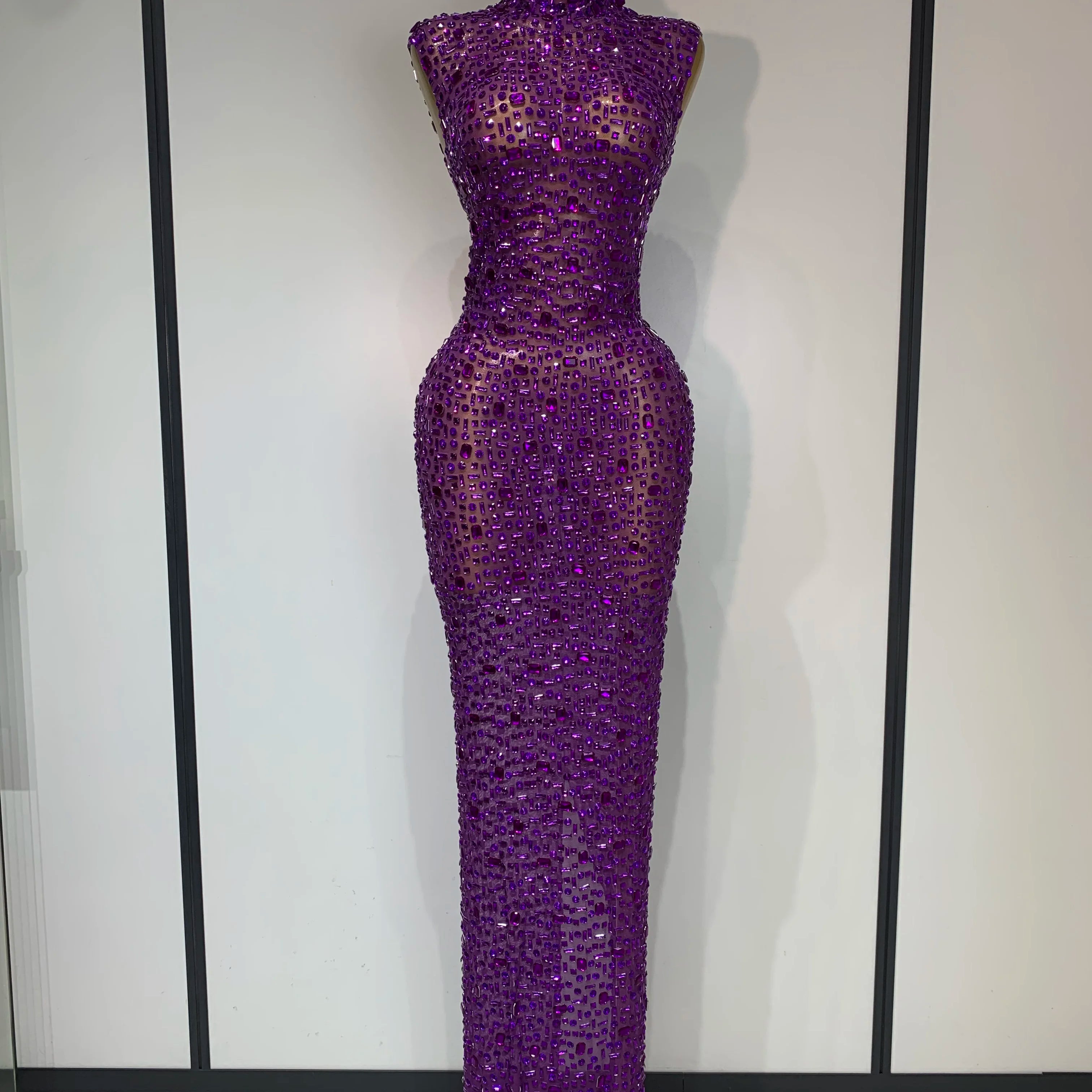 Vestido longo elástico sem mangas com strass brilhantes, feminino, malha sexy, comemoração, baile de formatura, vestido de aniversário luxuoso, festa à noite