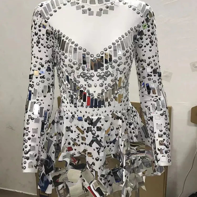 Raquel Mirror Party Dress Black Stretch Stage Dance Dress Nightclub Party Celebrate Dress Women Dancer Performance Clothes WHITE