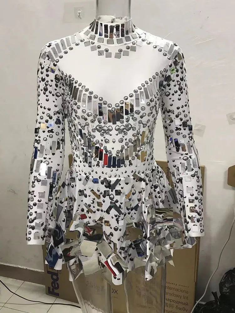 Raquel Mirror Party Dress Black Stretch Stage Dance Dress Nightclub Party Celebrate Dress Women Dancer Performance Clothes WHITE