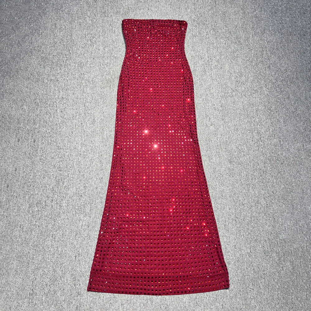 VC Redwine Beaded Strapless Long Maxi Dress For Women Elegant Sleeveless Backless Sparkle Crystals Bodycon Cocktail Evening Gown