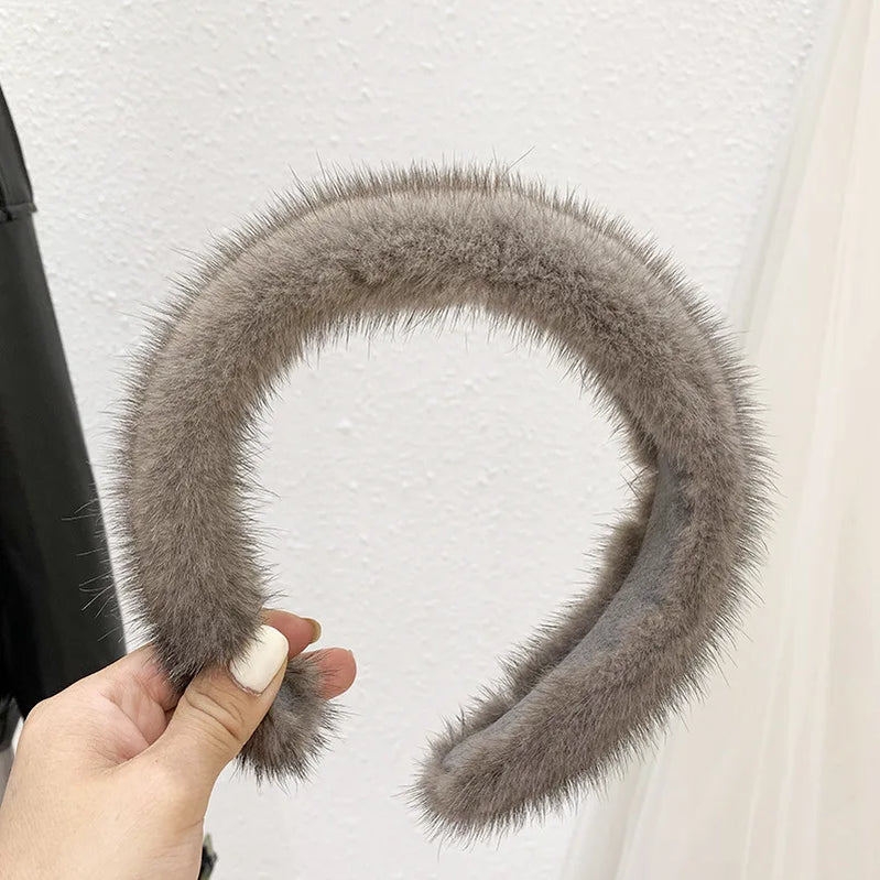 Hot Sale Women Luxury winter 100% Real Mink Fur Headbands High Quality Real Fur Hair Band Lady Fashion Hair Hoop Furry Gift Grey