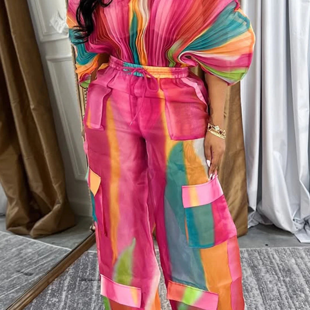 Plus Size Daily Hot Pink Gradient Round Neck Batwing Sleeve Half Sleeve Cargo Pleated Two Piece Pant Sets