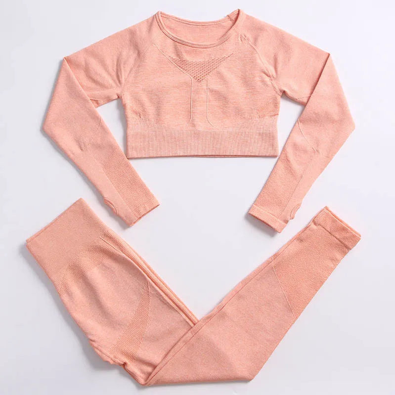 2PCS Seamless Women Sports Suits Yoga Set Workout Sportswear Gym Clothing Fitness Long Sleeve Crop Top High Waist Leggings ShirtsPantsPink