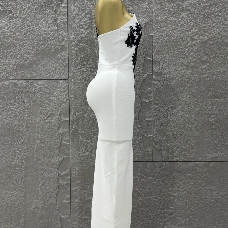 Top Quality Women Sexy One Shoulder Black Lace Bodycon Long Bandage Dress Fashion Celebrate Evening Party Birthday Outfit