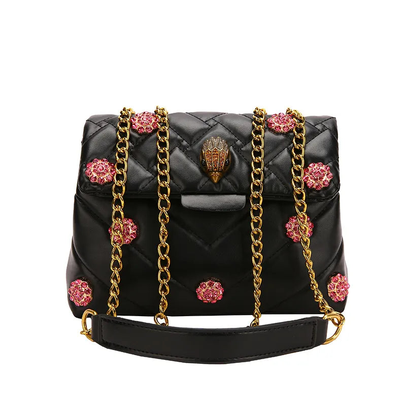 Summer Eagle Head Chain Crossbody Bags for Women UK Brand Designer Fashion Trend Handbag PU Shoulder Bag Diamond Flower Bag black 23X17X7CM